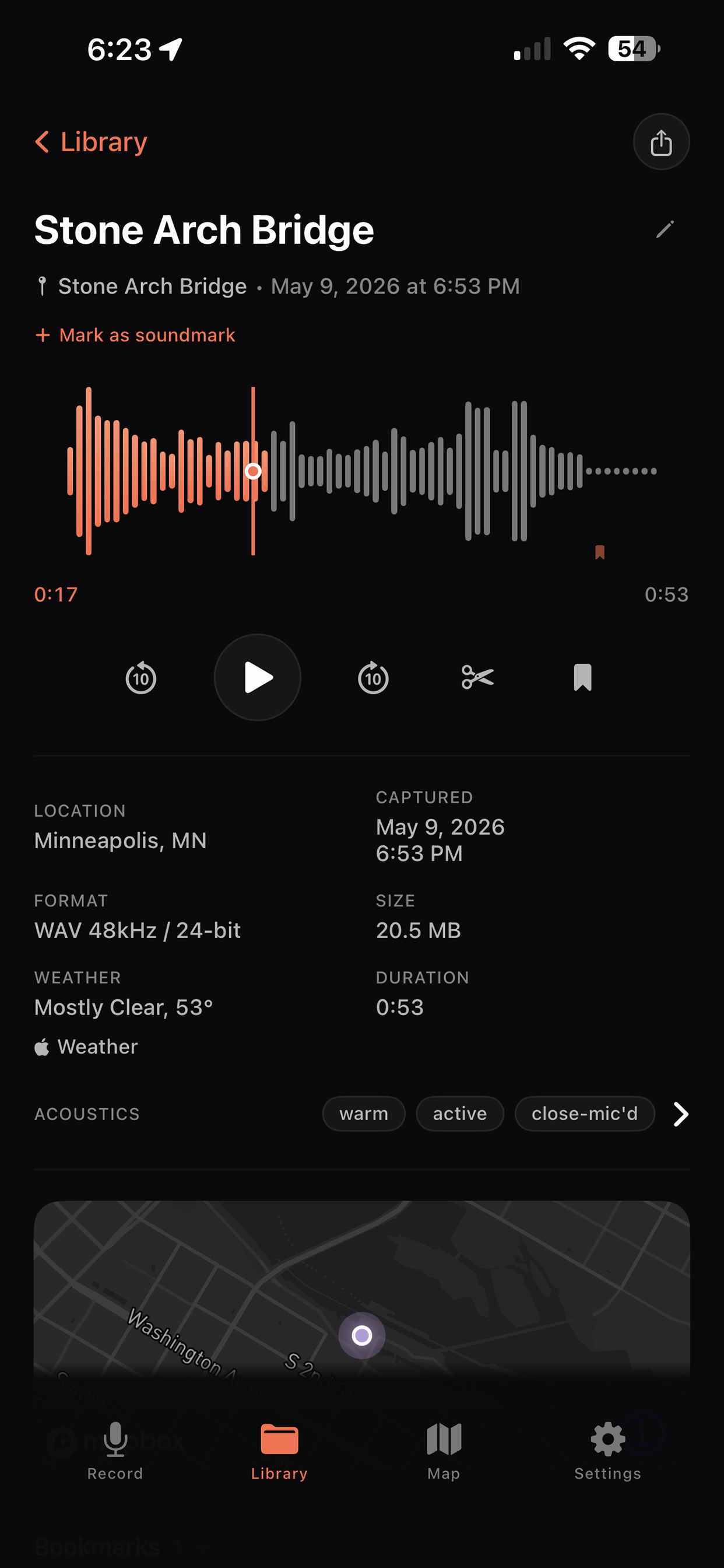 Field. Detail view of a Stone Arch Bridge recording: waveform, soundmark control, location, acoustic descriptors, weather, and map.